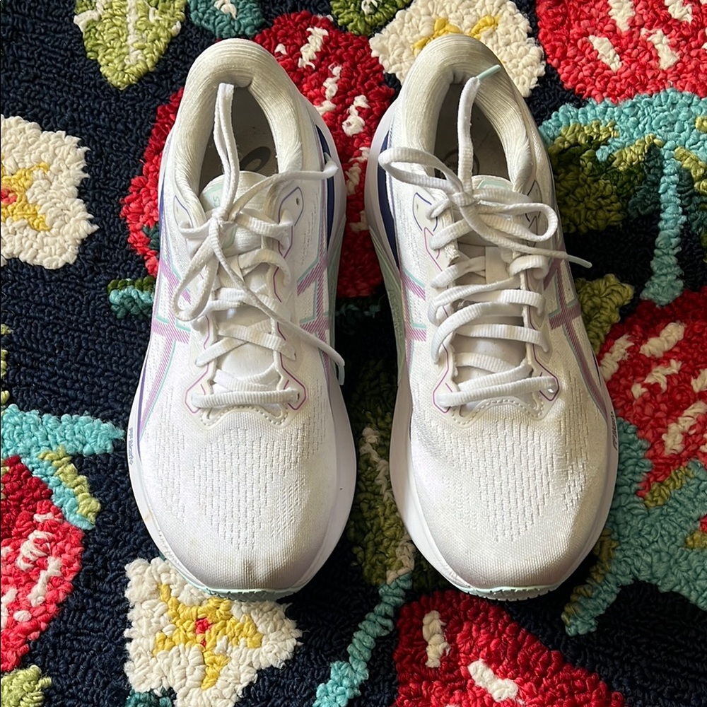 Asics White and Purple Athletic Shoes with Breathable Mesh